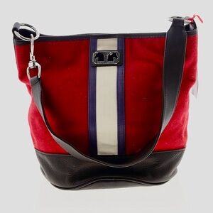 Deux Chevaux red felt and brown leather bag.